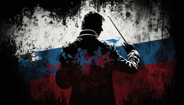 Silhouette of conductor on Russia flag background country management concept for one person