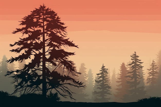 Silhouette of coniferous forest at sunset art illustration