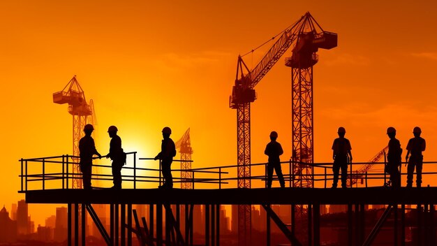 Силуэты строительных кранов и рабочих на фоне оранжевого заката Генеративный AI