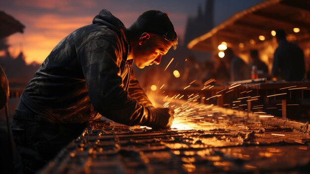 силуэт строительного работника, наливающего бетон во время коммерческого бетонирования полов