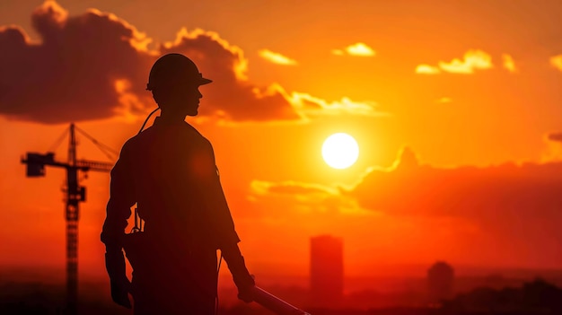 Silhouette of a Construction Worker at Sunset
