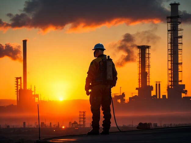 Silhouette of a construction worker at sunset