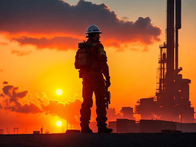 Silhouette of a construction worker at sunset