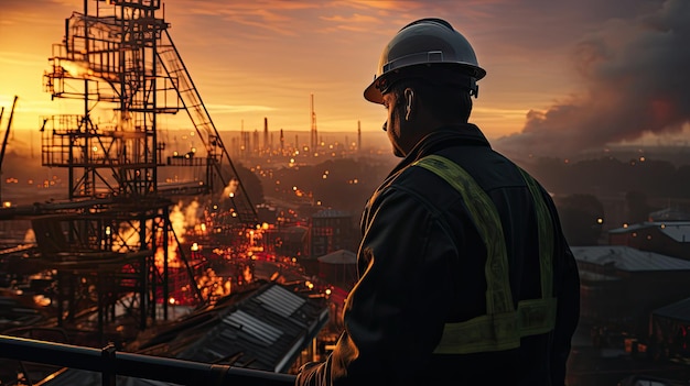 silhouette of construction worker working at Construction site and tower crane at the sunset