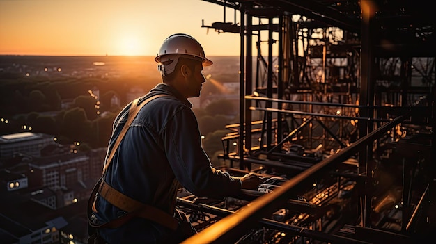 silhouette of construction worker working at Construction site and tower crane at the sunset