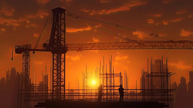 silhouette of construction worker working at Construction site and tower crane at the sunset