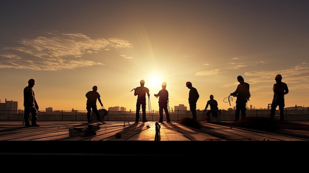 Silhouette of construction workers on building roof