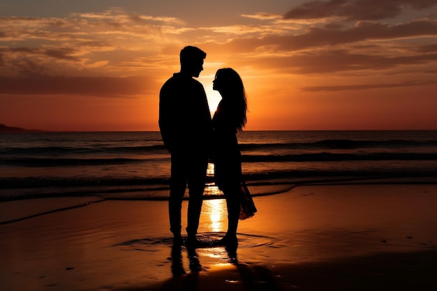 Silhouette of a couple on the beach Generative Ai