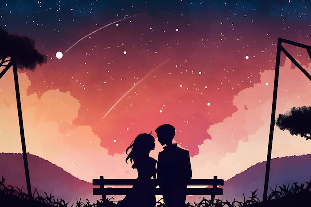 Silhouette of a couple under the beautiful sky, romantic, valentine