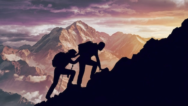 Silhouette of couple climbing mountains