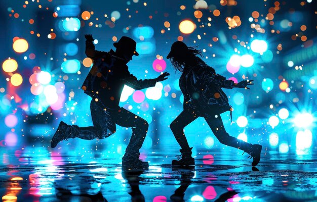 A silhouette of a couple dancing against blue studio background