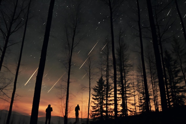 Photo silhouette of a couple in the forest at night with star trails