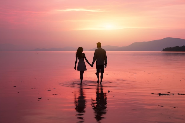 ピンクとオレンジ色の美しい夕暮れに沿って海で手をつないでいるカップルのシルエット