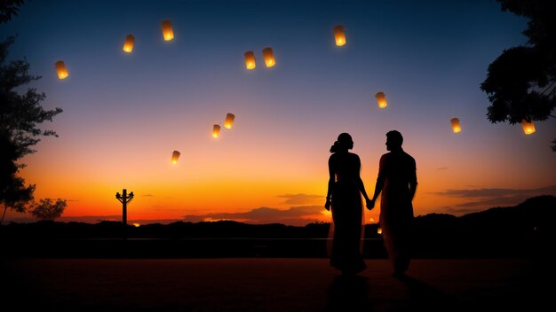 Silhouette of a couple in Indian clothes walking off into the sunset with flying paper sky lanterns