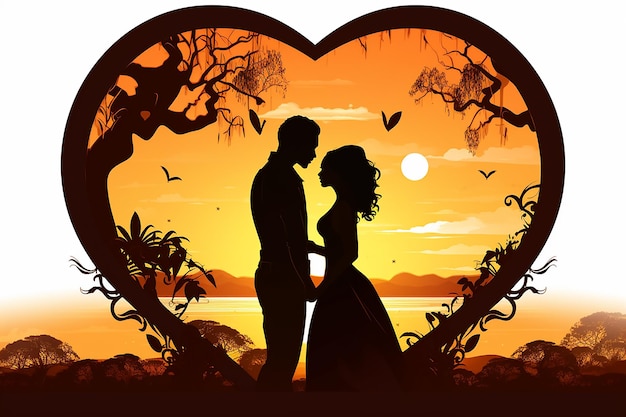 Silhouette couple inside heart frame against the sunset