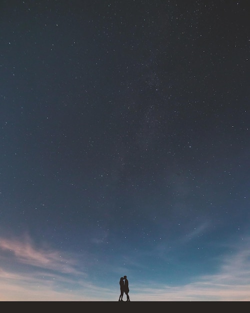 Foto una coppia di silhouette che si baciano contro il cielo notturno.