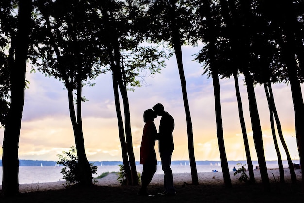 Photo silhouette couple kissing amidst trees at beach during sunset