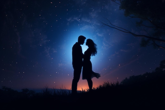 Silhouette of a couple kissing under a sparkling m 00108 02