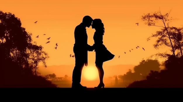 Silhouette of a couple kissing in the sunset generative ai