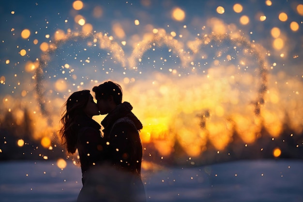 silhouette of couple kissing at sunset winter snowy day ai generative