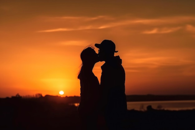 Silhouette of a couple kissing in a sunset