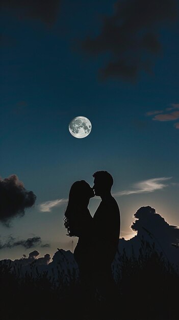 Photo silhouette couple looking the moon in the sky