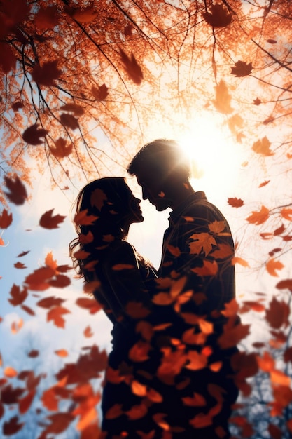 Силуэт влюбленной пары на фоне падающих осенних листьев