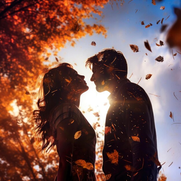 Силуэт влюбленной пары на фоне падающих осенних листьев
