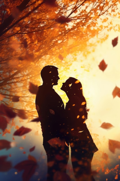 Silhouette of a couple in love against the background of falling autumn leaves