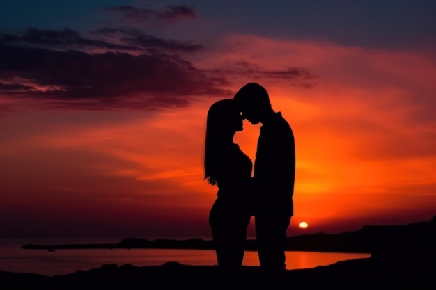 Silhouette of couple in love at beautiful sunset