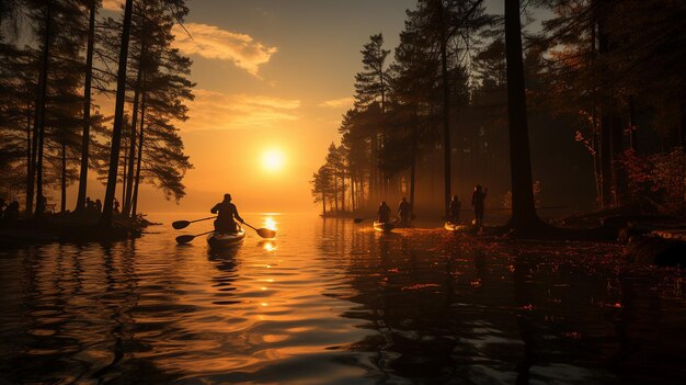 a silhouette of a couple in love on a lake during sunset