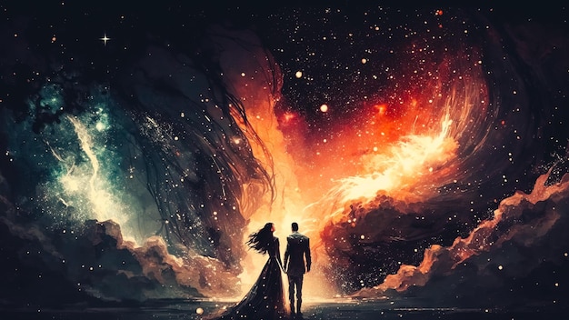 Silhouette of a couple in love on a space background