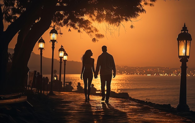 Silhouette of couple in love walking on the promenade at sunset