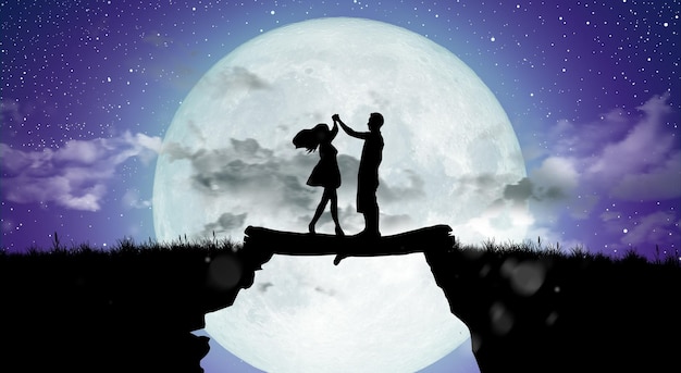 Silhouette of Couple Lover Relationship at night landscape