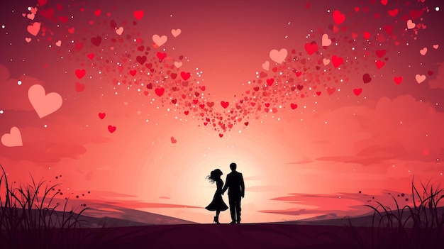 Silhouette couple man and woman holding hand walking together with heart balloon under trees with sunset sky background