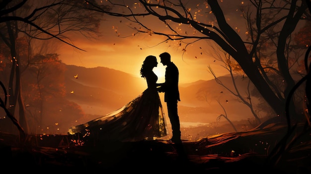 Силуэт влюбленной пары молодоженов на закате на фоне реки концепция свадьбы и любви