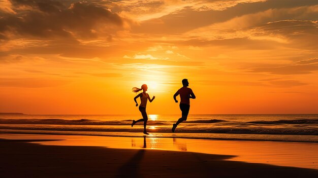 Silhouette couple running in the beach at sunset