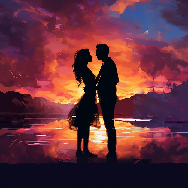 Silhouette of a couple sharing a kiss against a colorful sunset generated by AI