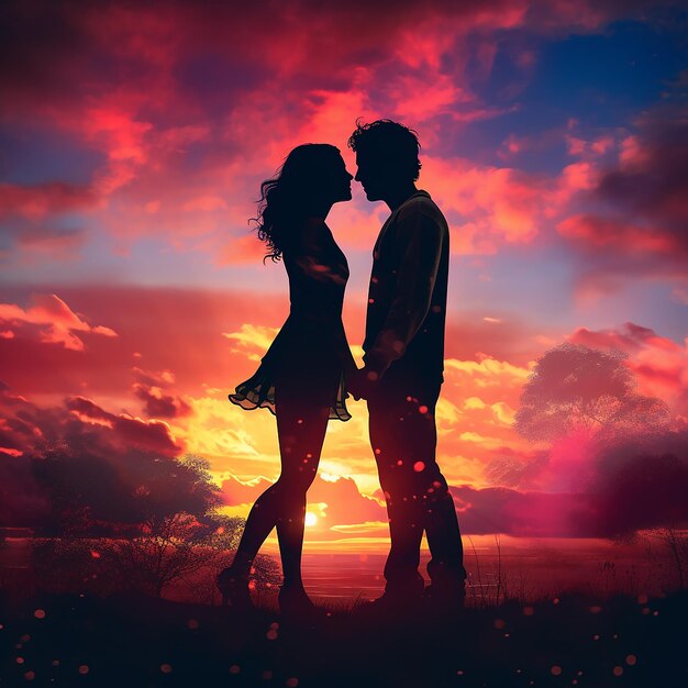 Silhouette of a couple sharing a kiss against a colorful sunset generated by AI