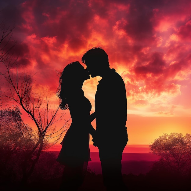 Photo silhouette of a couple sharing a kiss against a colorful sunset generated by ai