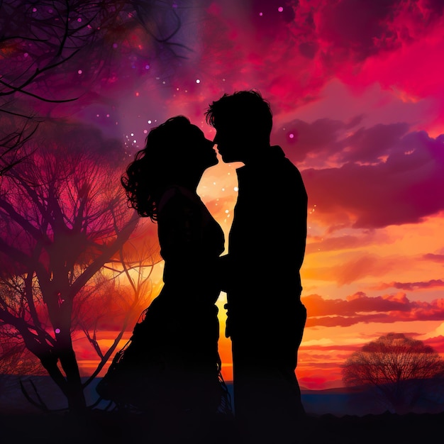 Photo silhouette of a couple sharing a kiss against a colourful sunset love generative ai