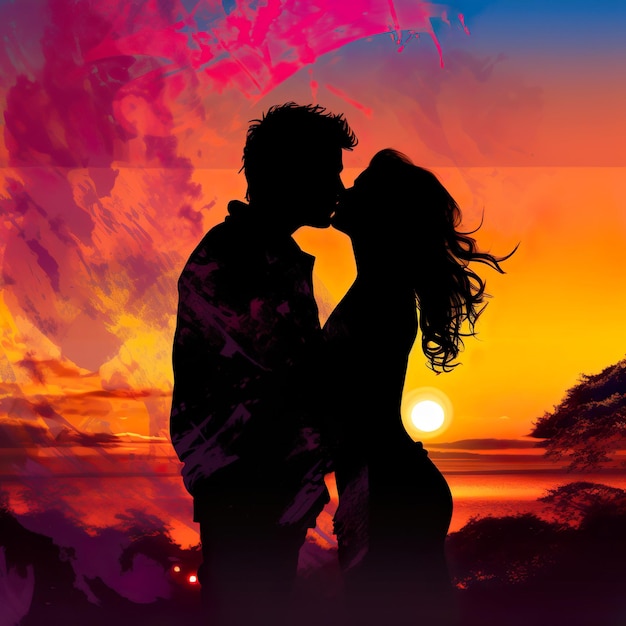 Силуэт пары, целующейся на фоне красочного заката Любовь Генеративный ИИ