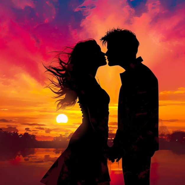 Silhouette of a couple sharing a kiss against a colourful sunset Love Generative AI