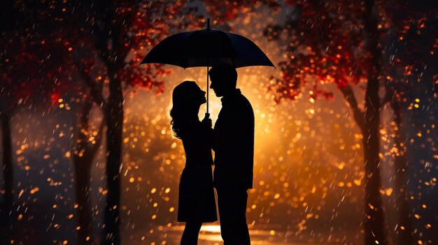 Silhouette of a couple sheltering from the rain under an umbrella generative ai