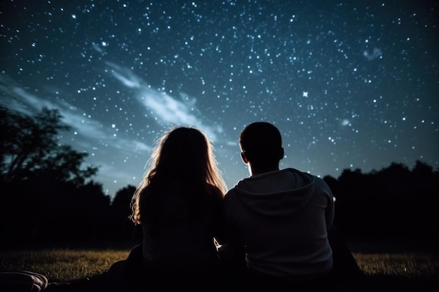 Foto silhouette di una coppia seduta all'aperto e che guarda le stelle durante la notte stellata