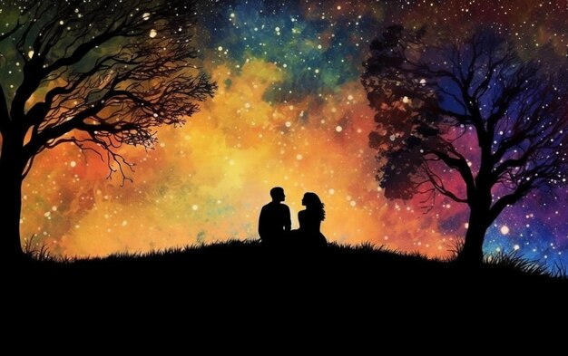 Silhouette of a couple sitting under a tree in the night generative ai