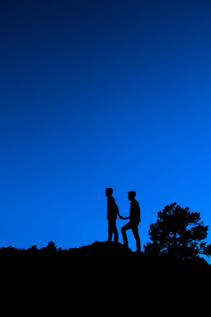 Silhouette couple standing against clear blue sky