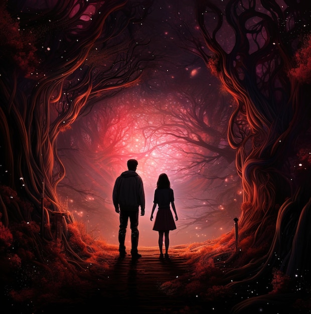 A silhouette of a couple standing in a dark tunnel with a girl and a tree with a red light behind them.