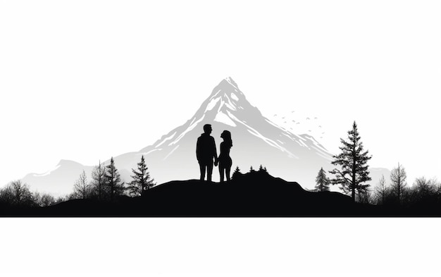 silhouette of a couple standing on a mountain top with a dog generative ai