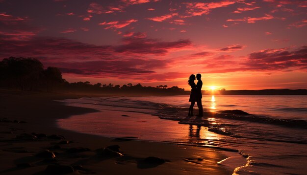 Photo silhouette of couple standing sunset reflects on water generated by ai